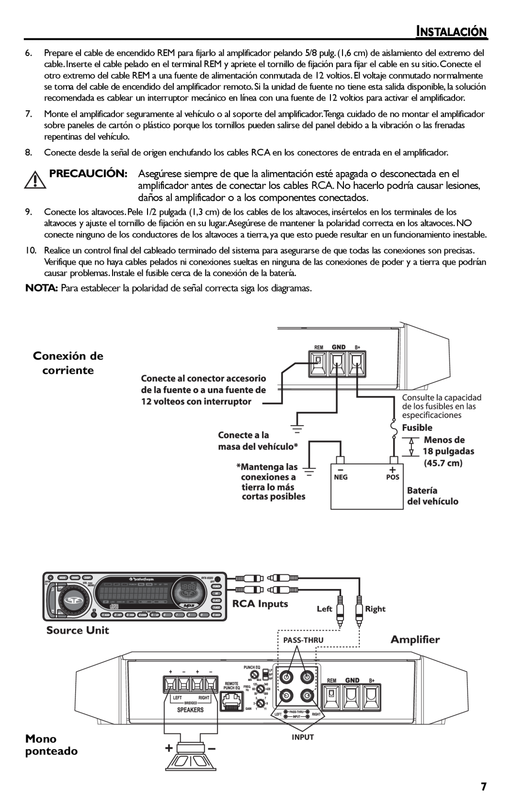 Rockford Fosgate T400-2, T600-2 manual Instalación, Conexión de corriente, Mono ponteado 