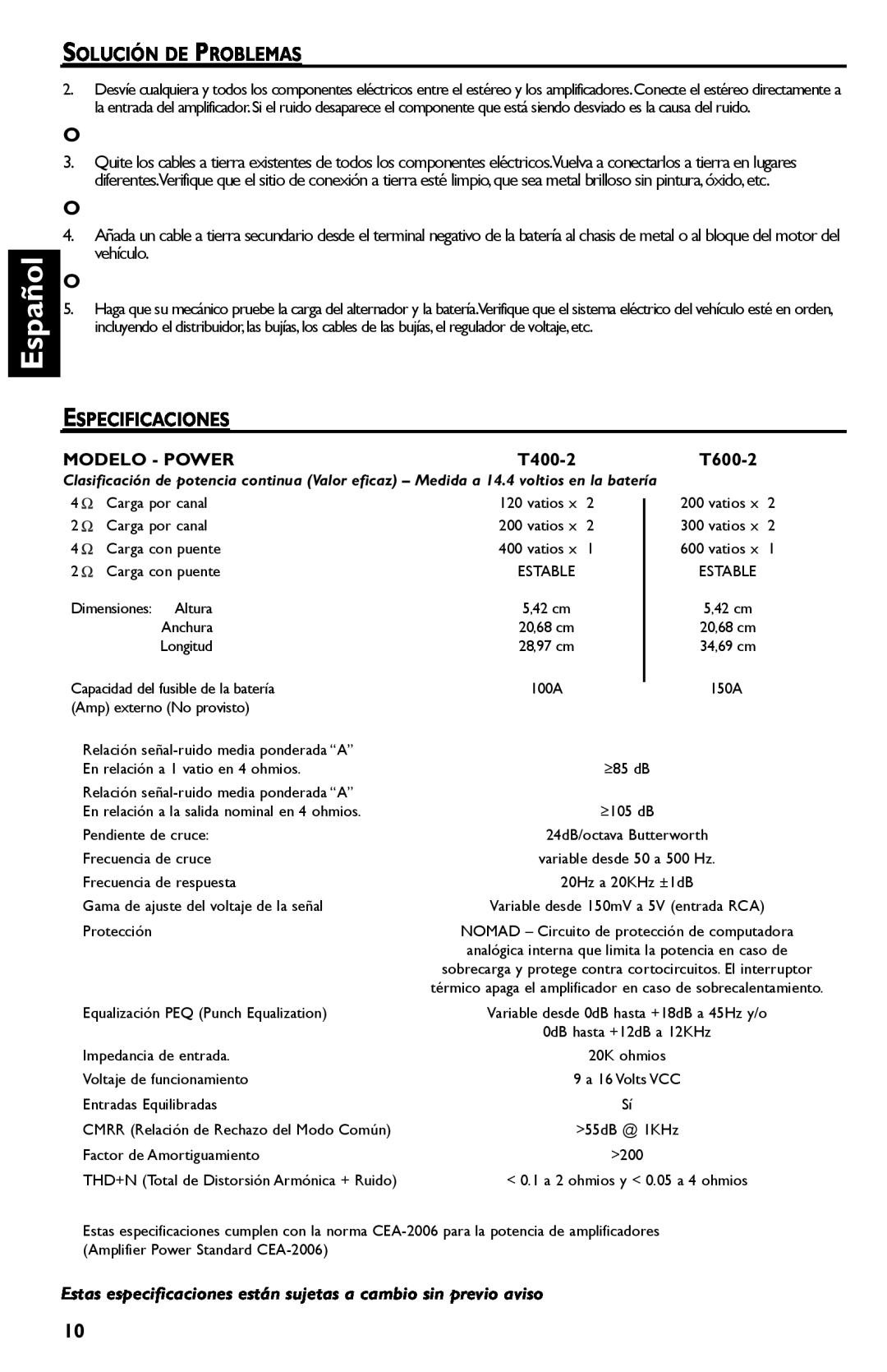 Rockford Fosgate T600-2 manual Español, Solución De Problemas, Especificaciones, Modelo - Power, T400-2 