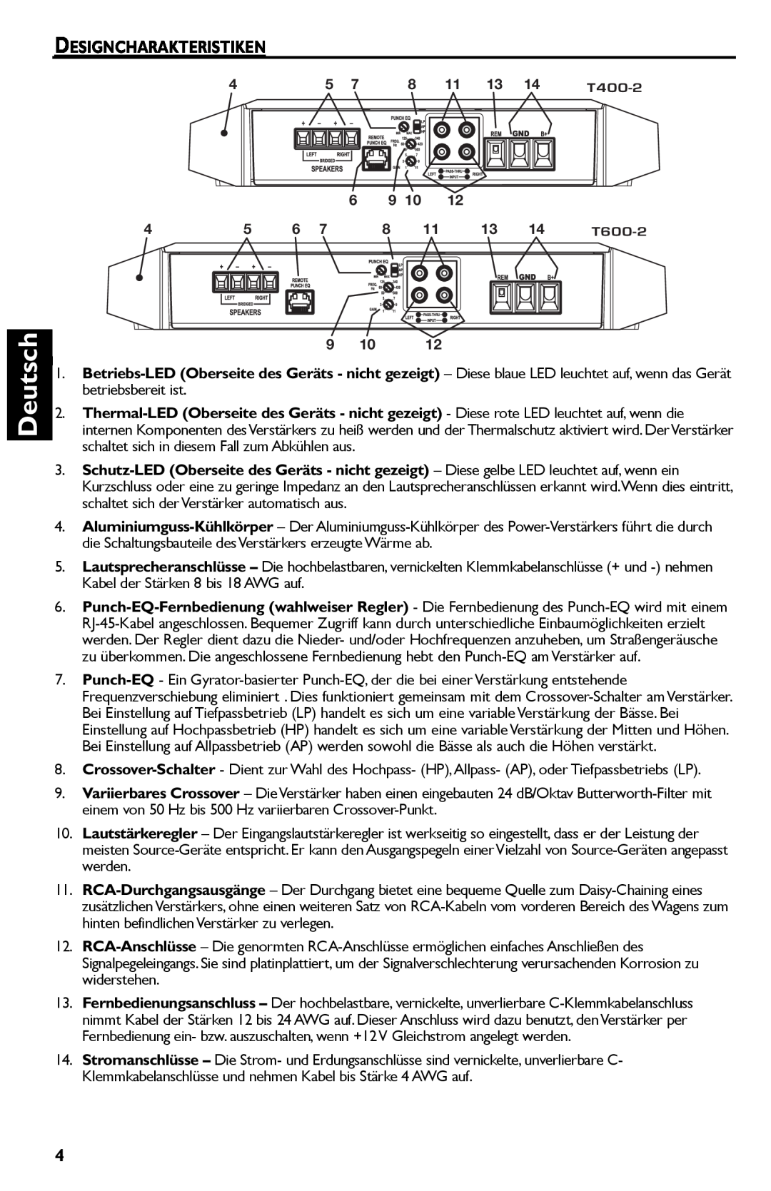 Rockford Fosgate T600-2 manual Deutsch, Designcharakteristiken, T400-2 
