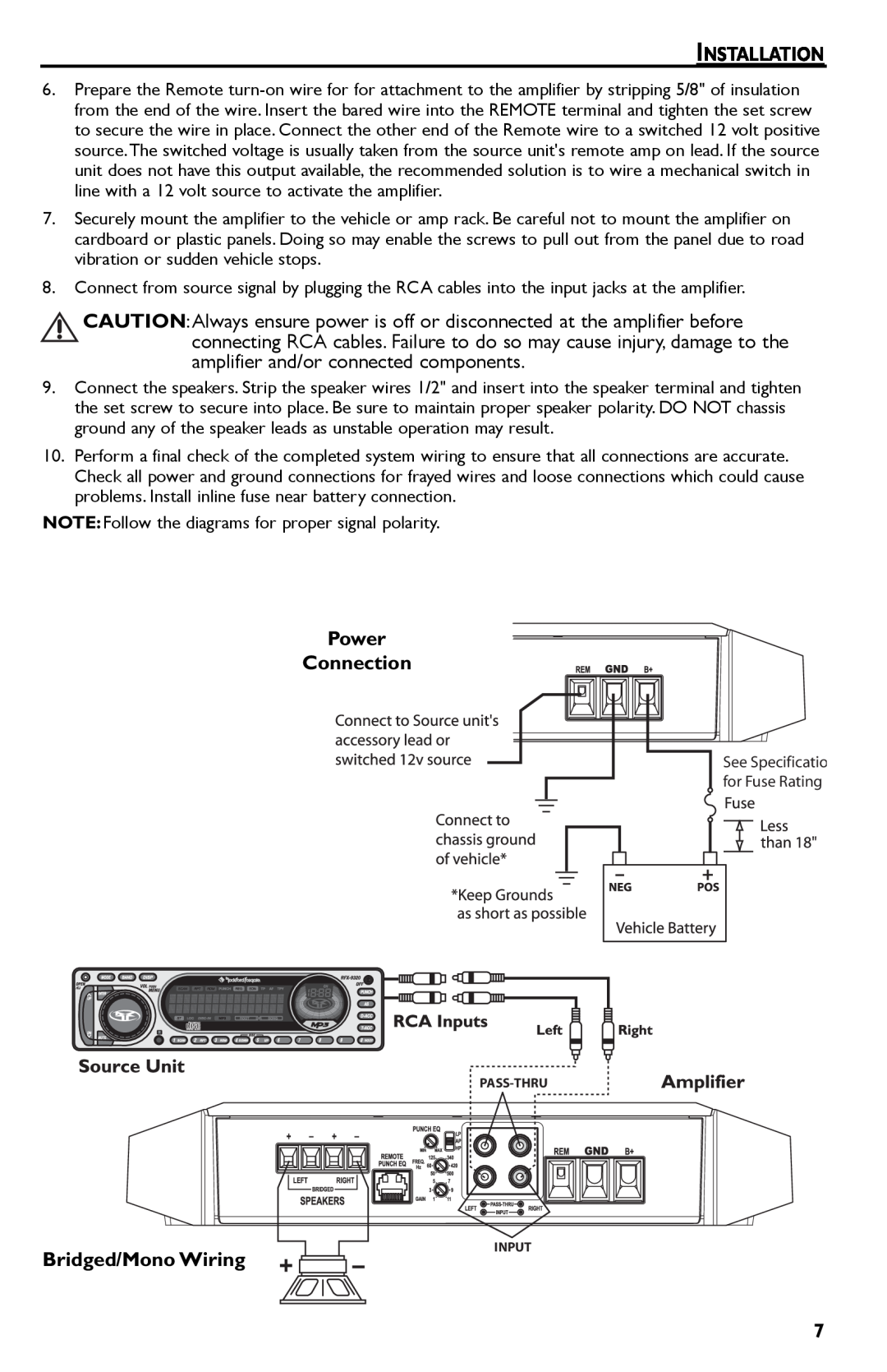 Rockford Fosgate T400-2, T600-2 manual Installation, Power Connection, Bridged/Mono Wiring, Pass-Thru Input 