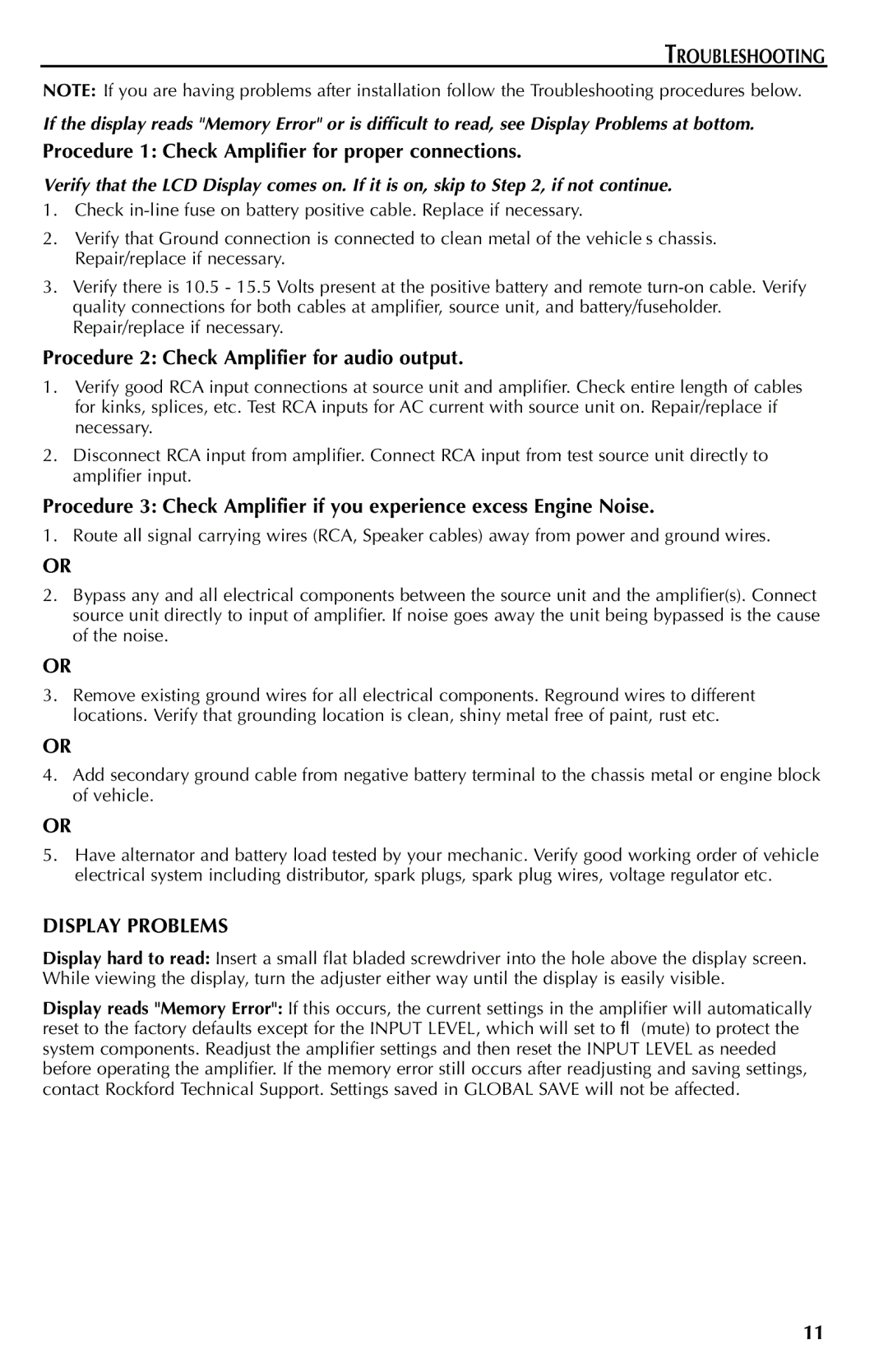 Rockford Fosgate X3, X1, X2 manual Troubleshooting, Procedure 1 Check Amplifier for proper connections, Display Problems 