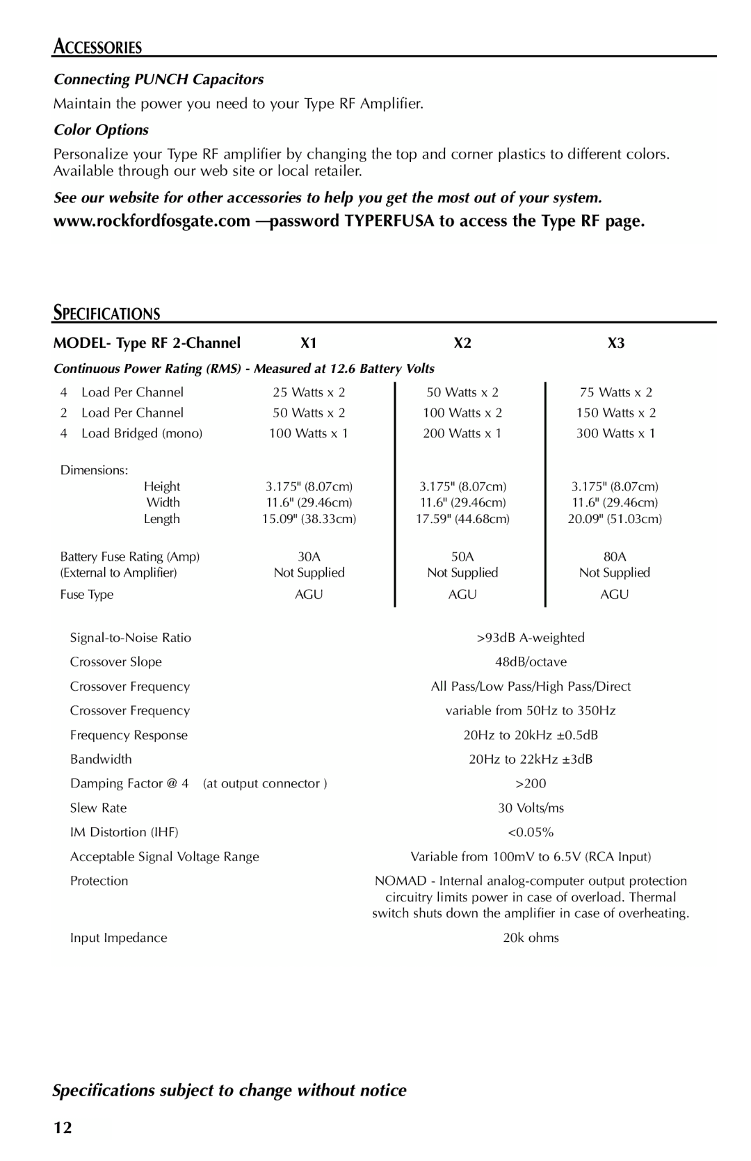 Rockford Fosgate X1, X2 Accessories, Specifications, Connecting Punch Capacitors, Color Options, MODEL- Type RF 2-Channel 