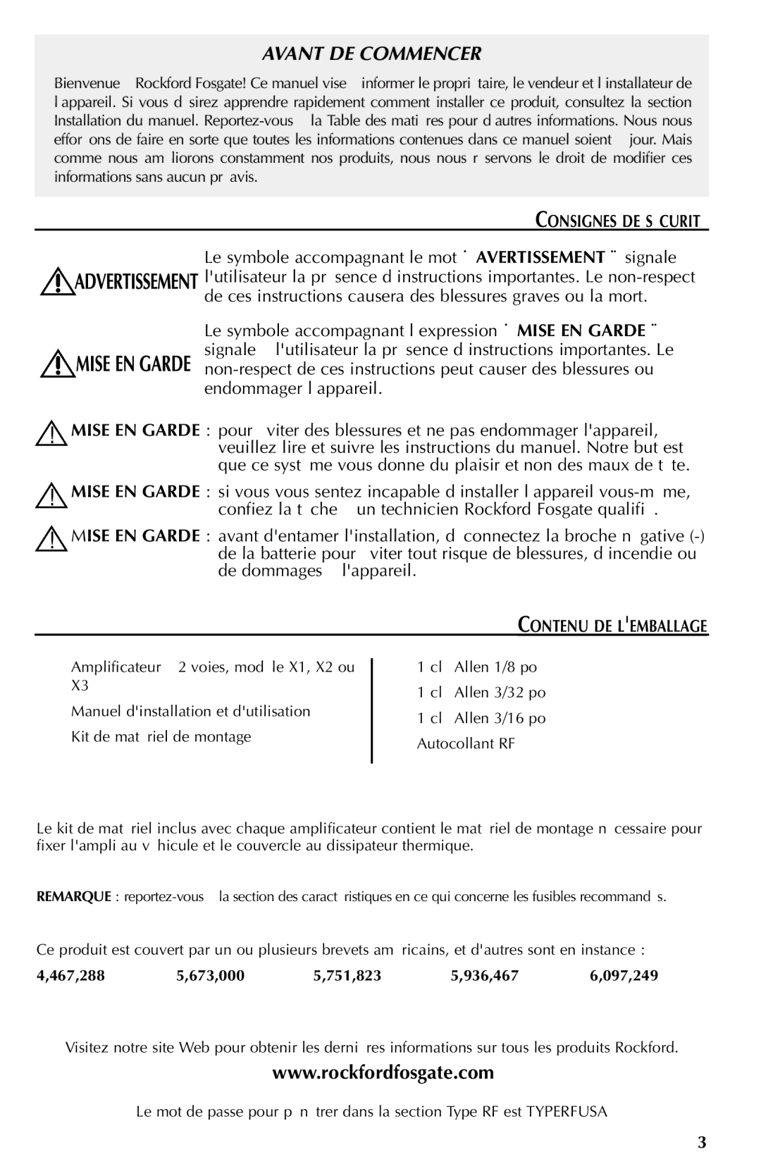 Rockford Fosgate X1, X2, X3 manual Consignes DE Sécurité, Contenu DE Lemballage 