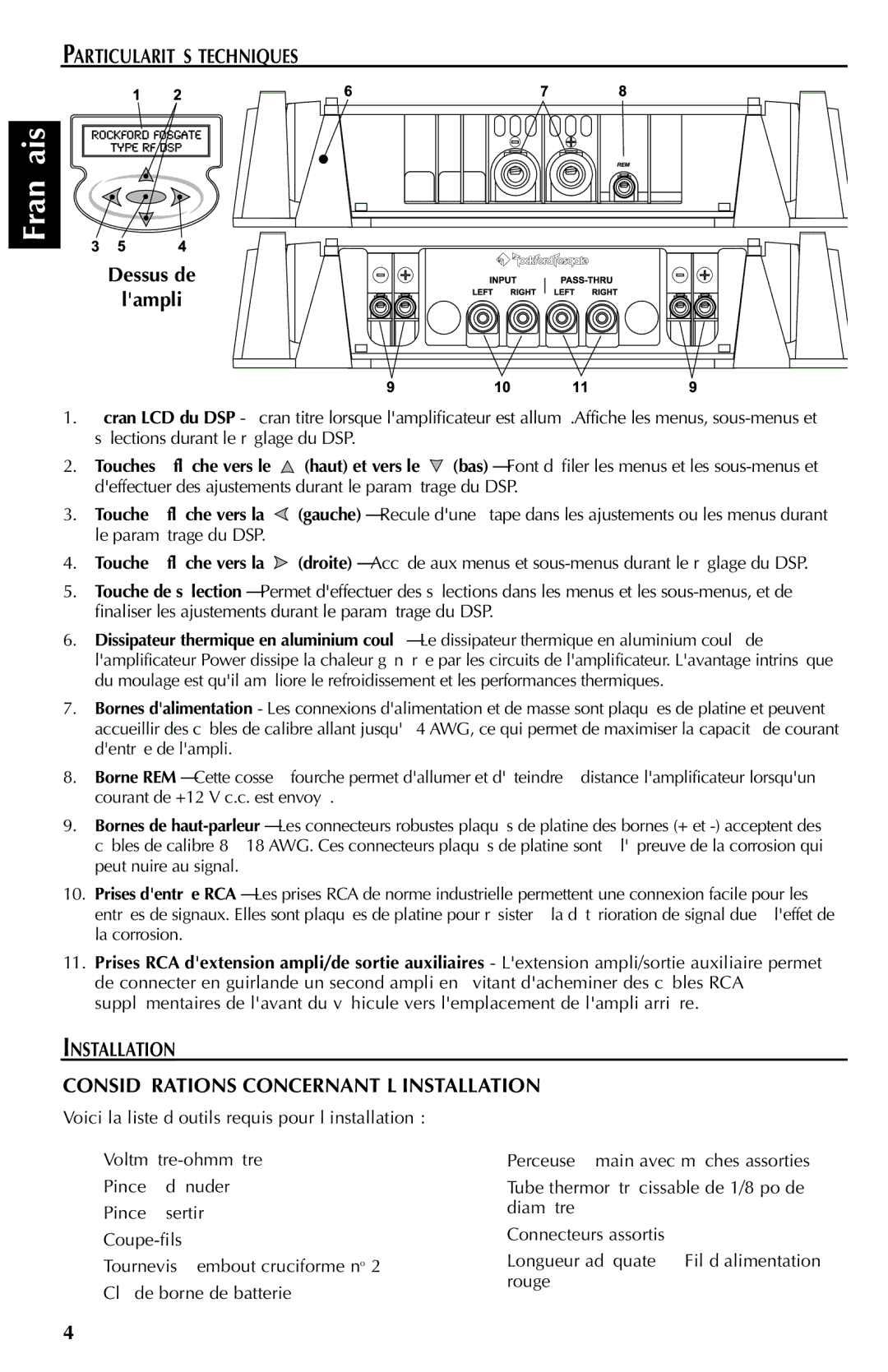 Rockford Fosgate X2, X1 Particularités Techniques, Dessus de Lampli, Installation Considérations Concernant L’INSTALLATION 