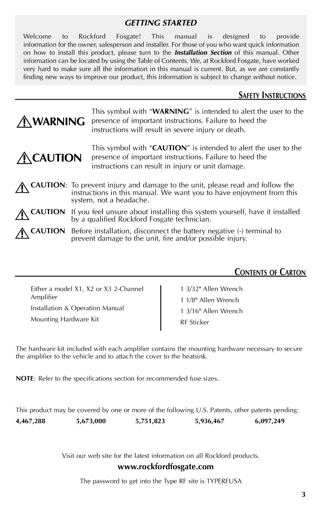 Rockford Fosgate X1, X2, X3 manual Safety Instructions, Contents of Carton 