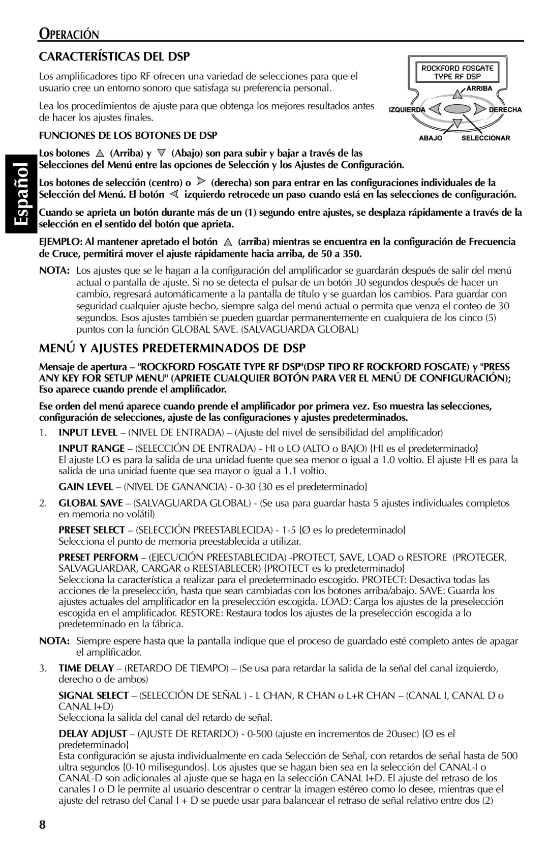 Rockford Fosgate X3, X1, X2 manual Operación Características DEL DSP, Menú Y Ajustes Predeterminados DE DSP 