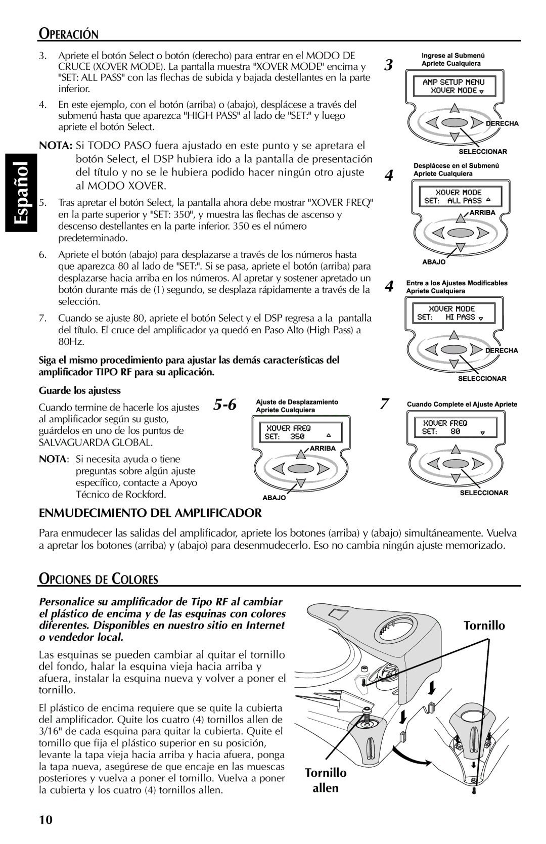 Rockford Fosgate X2, X1, X3 manual Enmudecimiento DEL Amplificador, Opciones DE Colores, Tornillo Allen 