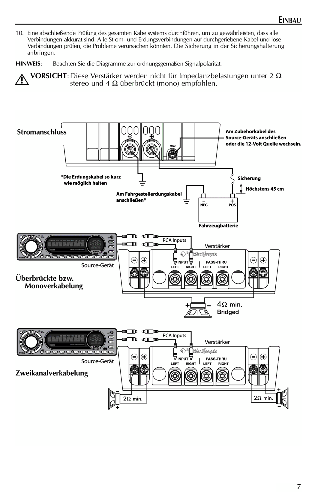 Rockford Fosgate X2, X1, X3 manual Stromanschluss, Zweikanalverkabelung, Überbrückte bzw. Monoverkabelung 