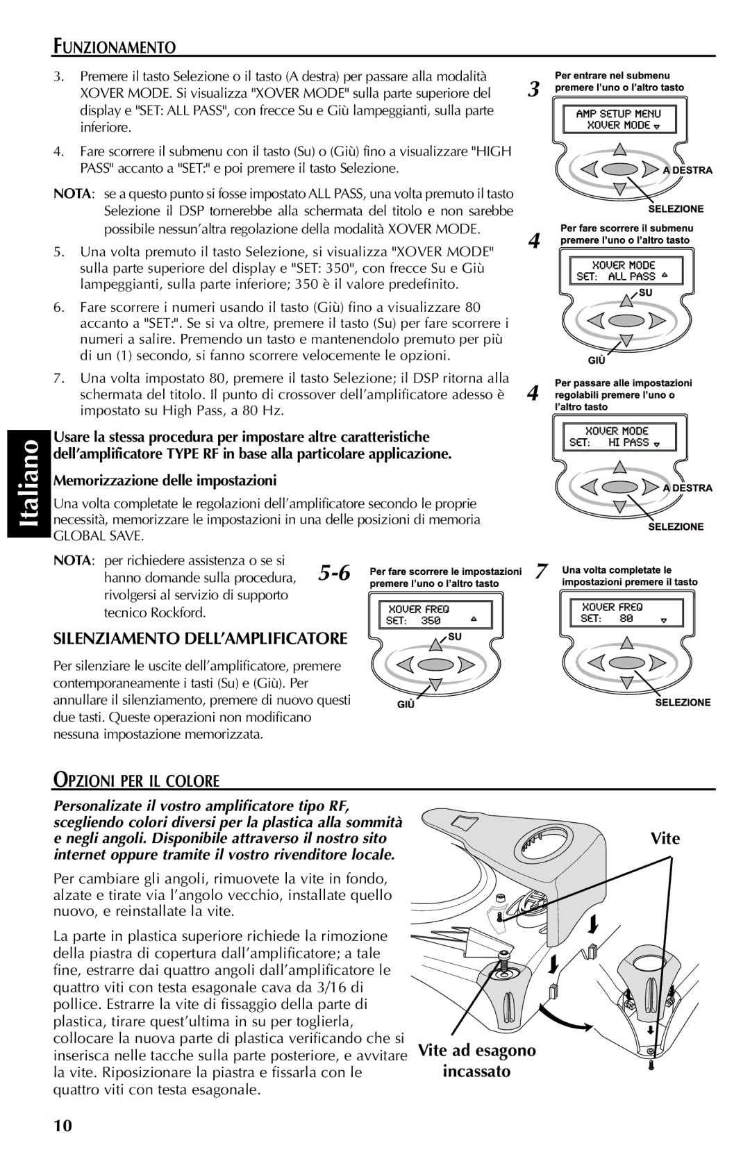 Rockford Fosgate X2, X1, X3 manual Silenziamento DELL’AMPLIFICATORE, Opzioni PER IL Colore, Vite Vite ad esagono Incassato 