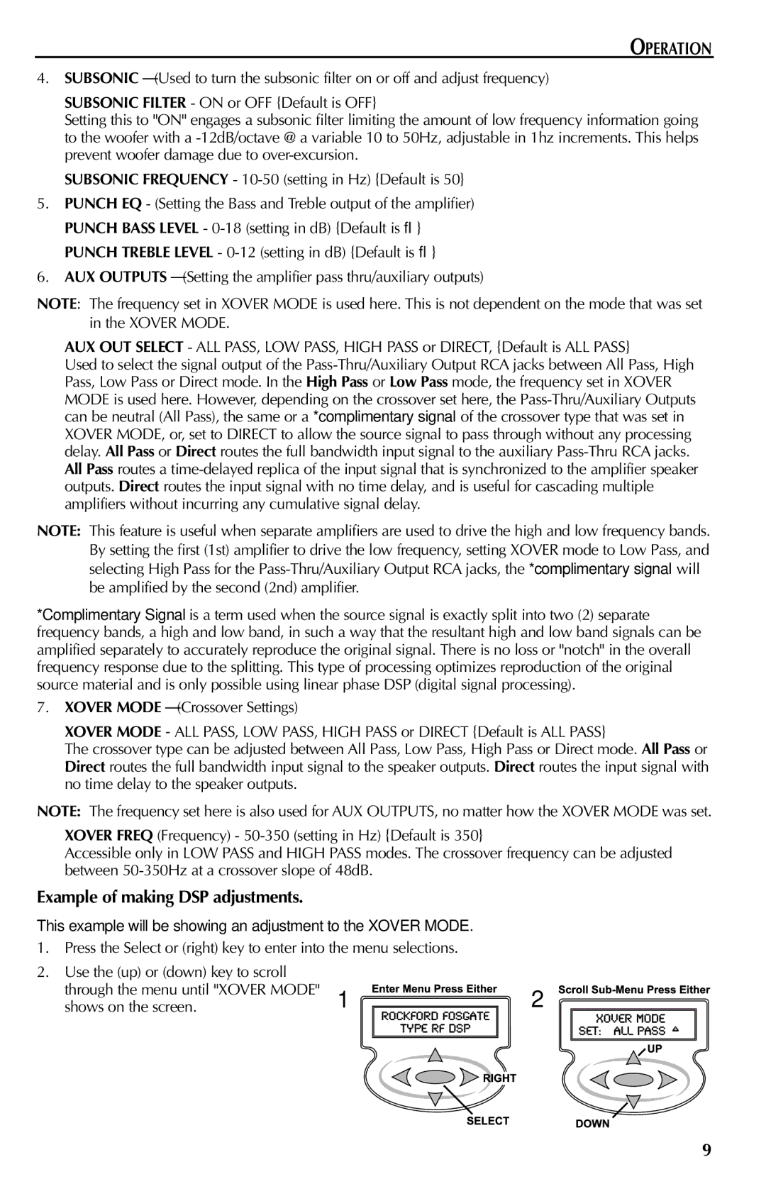 Rockford Fosgate X1, X2, X3 manual Operation, Example of making DSP adjustments 