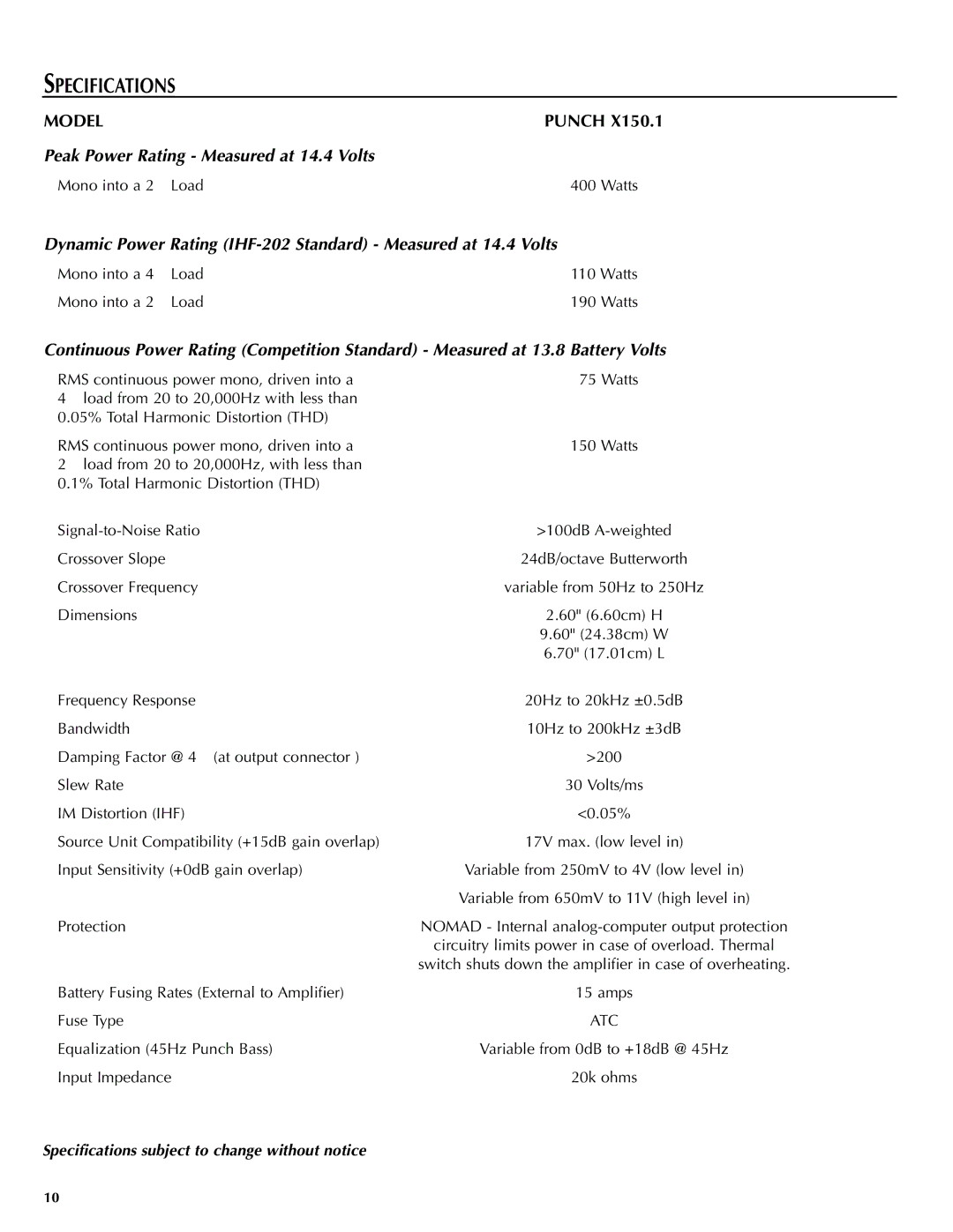 Rockford Fosgate X150.1 manual Specifications 