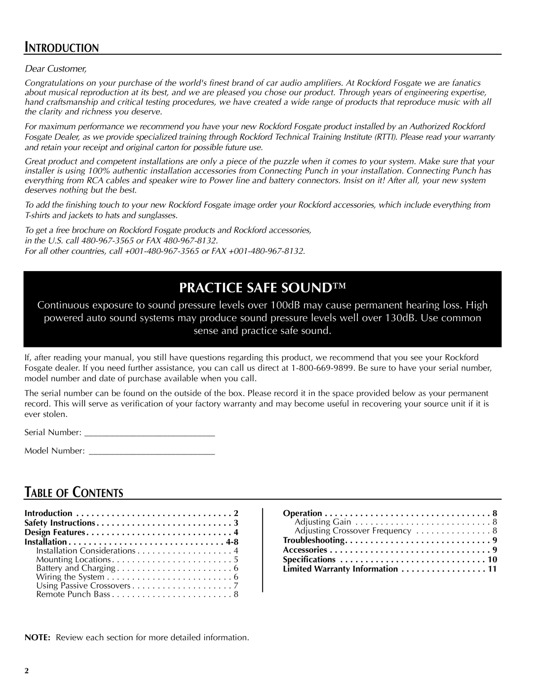 Rockford Fosgate X150.1 manual Introduction, Table of Contents 