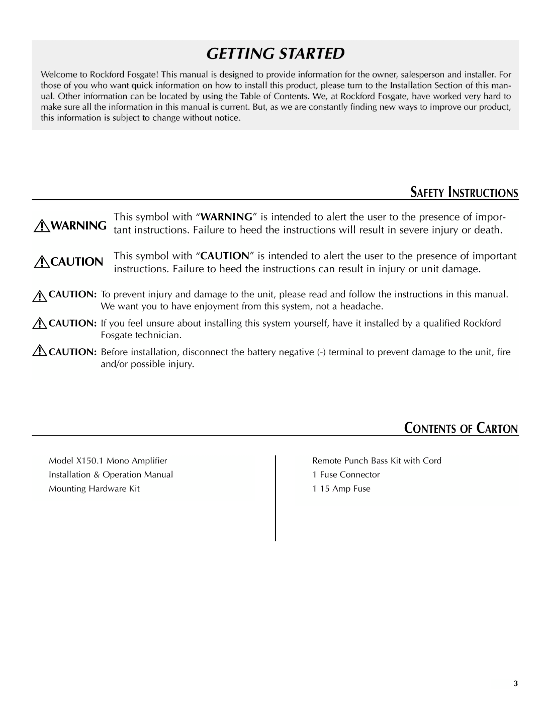 Rockford Fosgate X150.1 manual Safety Instructions, Contents of Carton 