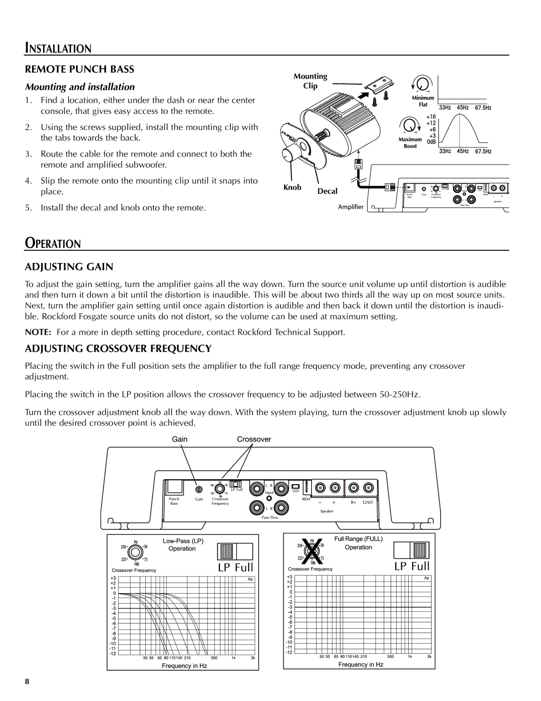 Rockford Fosgate X150.1 manual Operation, Remote Punch Bass, Adjusting Gain, Adjusting Crossover Frequency 