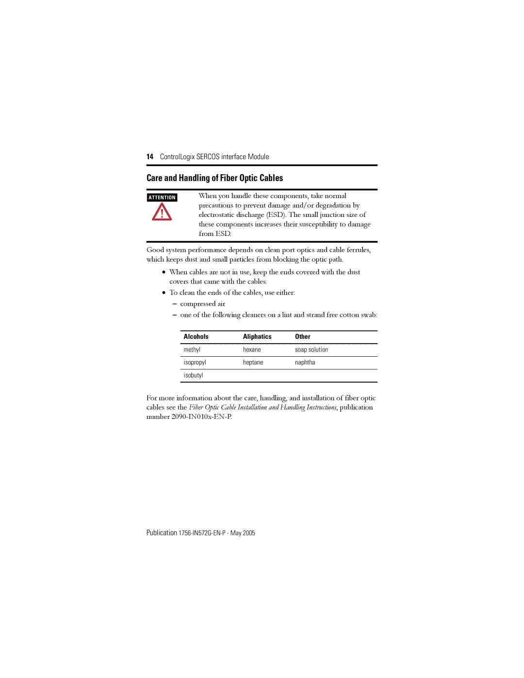 Rockwell Tools 1756-M08SE, 1756-M03SE manual Care and Handling of Fiber Optic Cables, Alcohols Aliphatics Other 