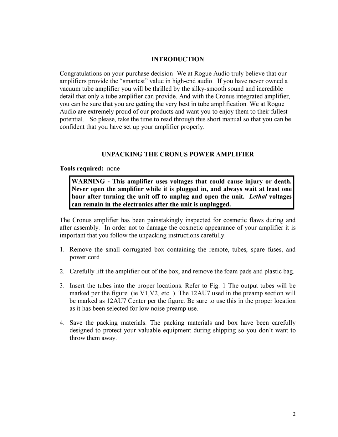 Rogue Audio specifications Introduction, Unpacking the Cronus Power Amplifier, Tools required none 