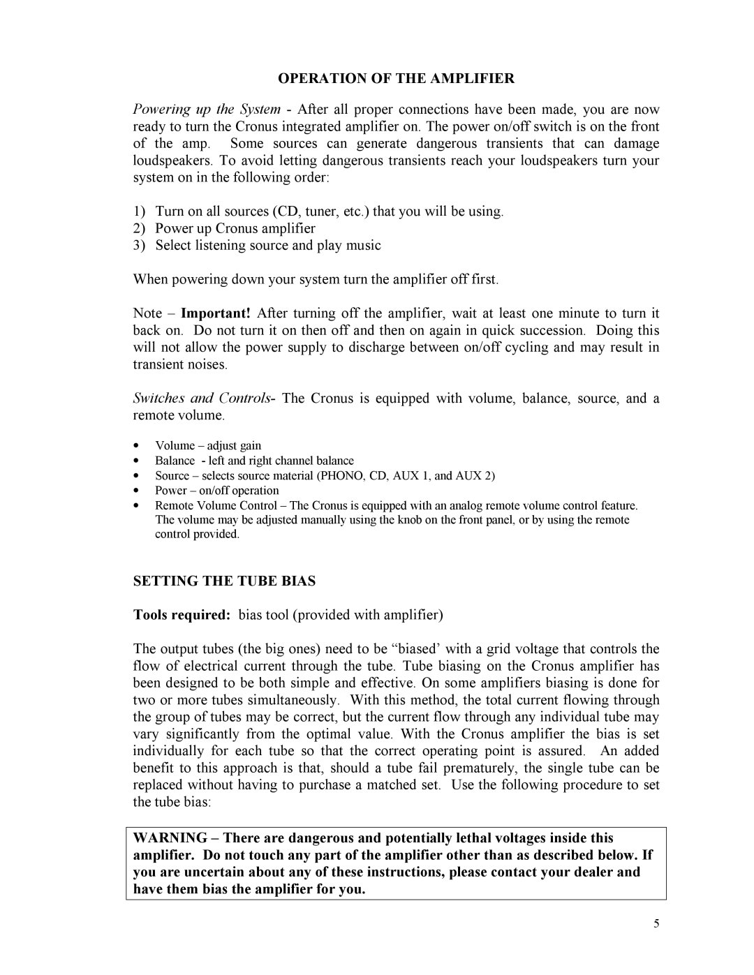 Rogue Audio Cronus specifications Operation of the Amplifier, Setting the Tube Bias 