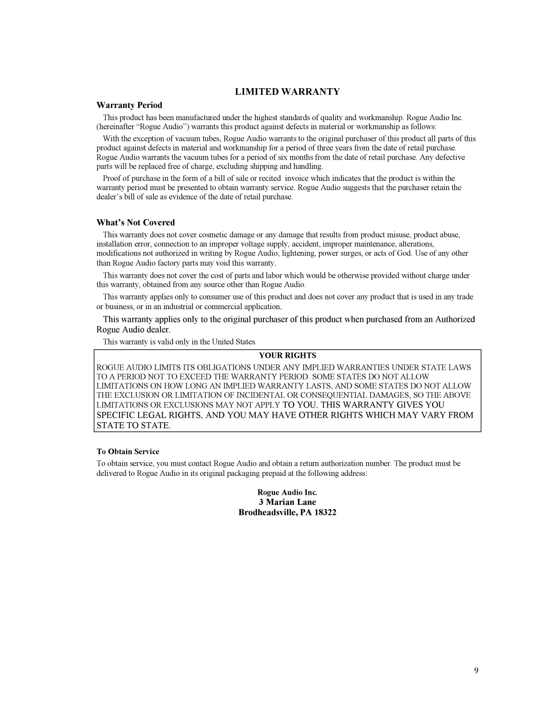 Rogue Audio Cronus specifications Limited Warranty 