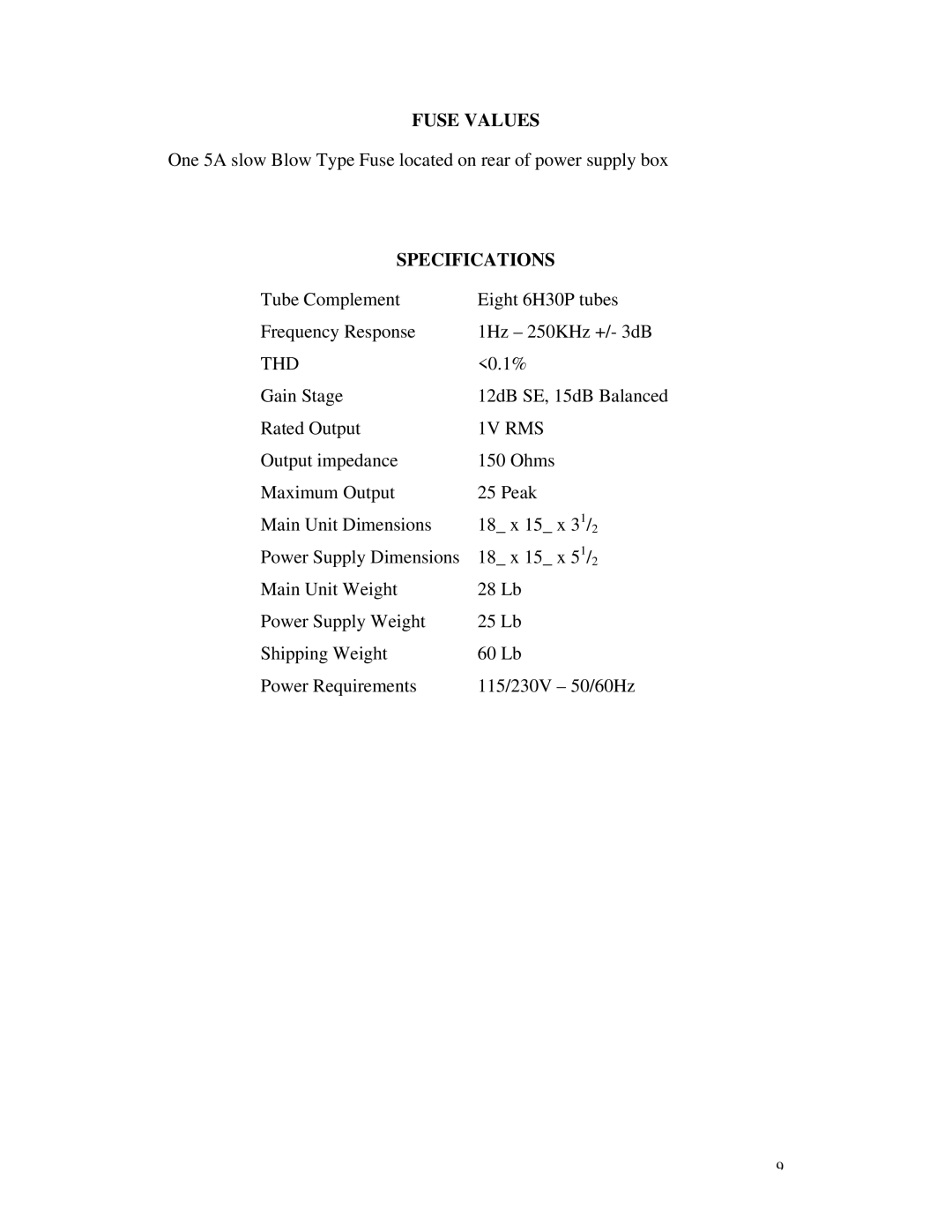 Rogue Audio Hera owner manual Fuse Values, Specifications 