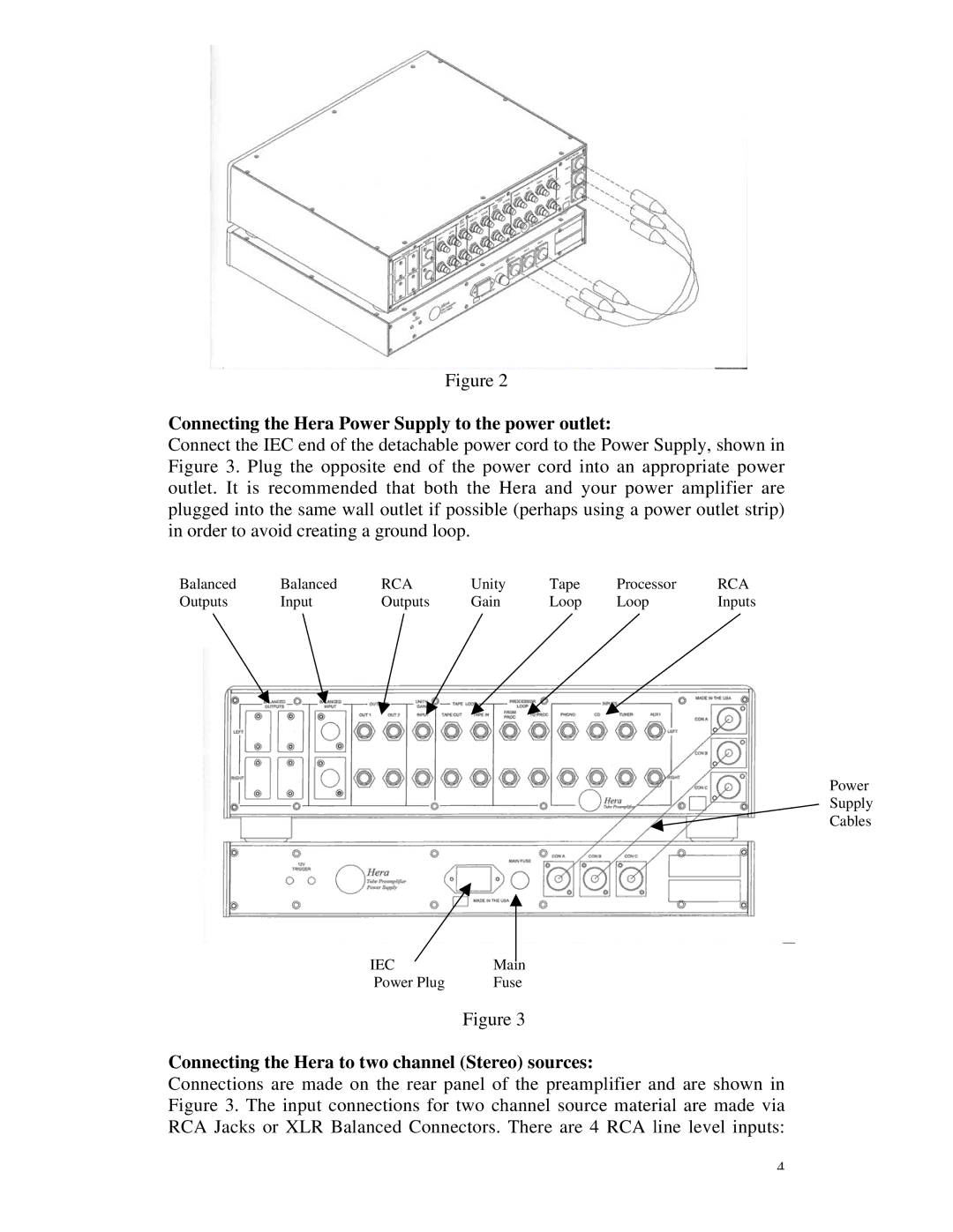 Rogue Audio Connecting the Hera Power Supply to the power outlet, Connecting the Hera to two channel Stereo sources 