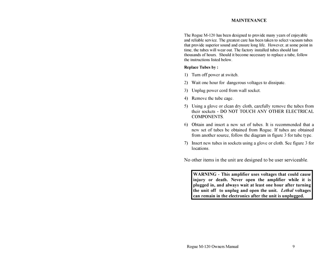 Rogue Audio M-120 owner manual Maintenance 