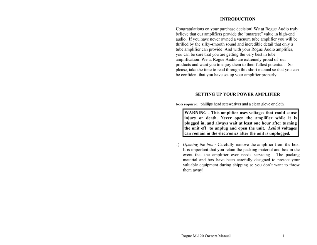 Rogue Audio M-120 owner manual Introduction, Setting UP Your Power Amplifier 