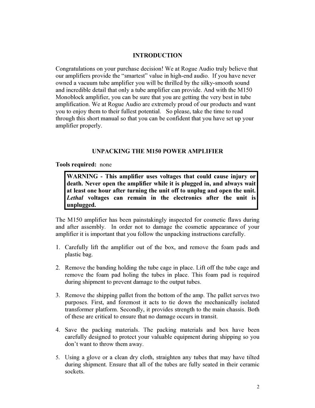 Rogue Audio M-150 owner manual Introduction, Unpacking the M150 Power Amplifier, Tools required none 