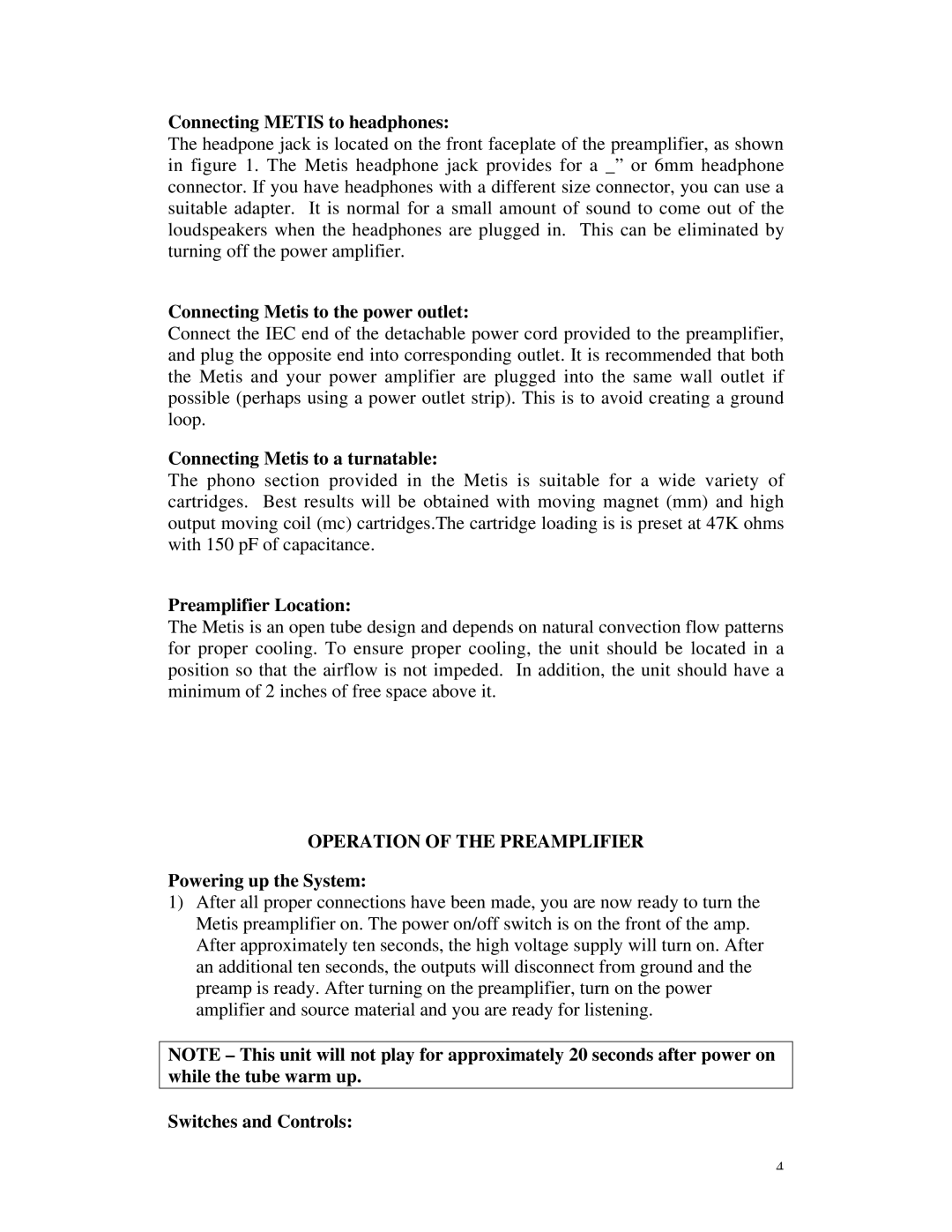 Rogue Audio METIS Vacuum Tube Preamplifier owner manual Operation of the Preamplifier 