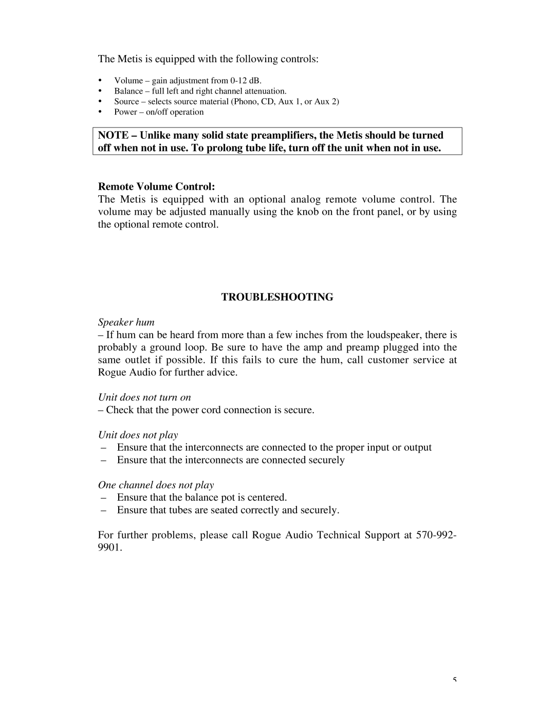 Rogue Audio METIS Vacuum Tube Preamplifier owner manual Remote Volume Control, Troubleshooting 