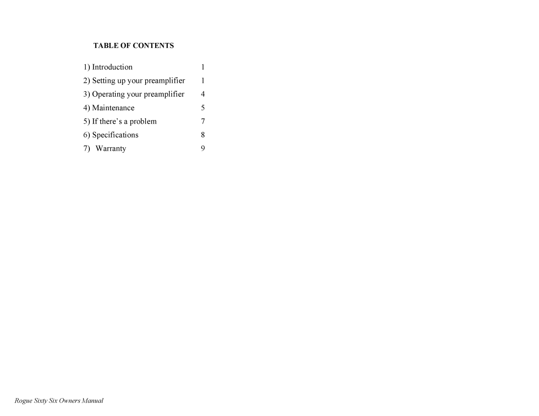 Rogue Audio Sixty Six owner manual Table of Contents 