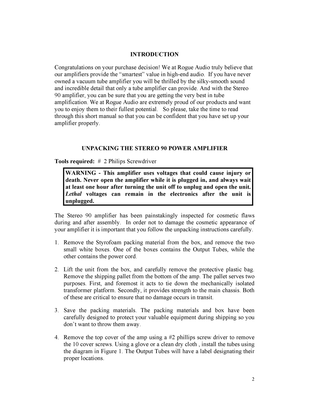 Rogue Audio owner manual Introduction, Unpacking the Stereo 90 Power Amplifier 