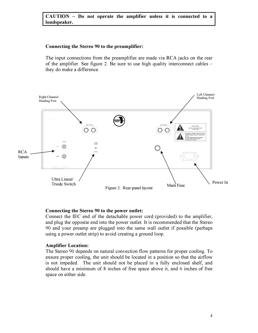 Rogue Audio owner manual Connecting the Stereo 90 to the preamplifier, Connecting the Stereo 90 to the power outlet 