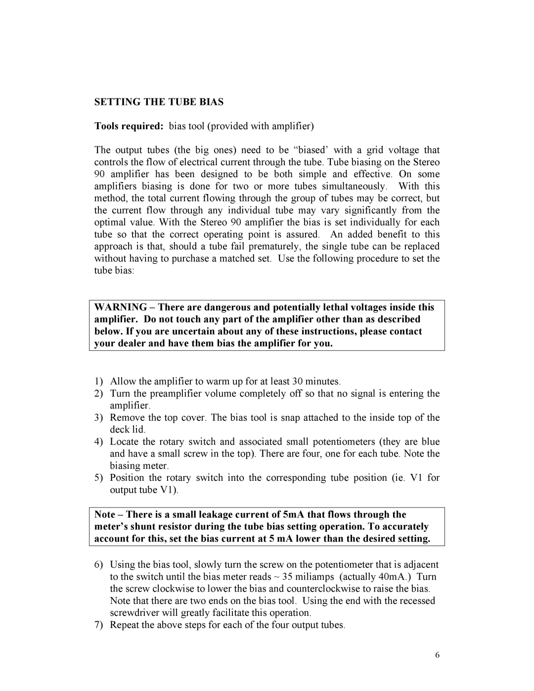 Rogue Audio Stereo 90 owner manual Setting the Tube Bias 