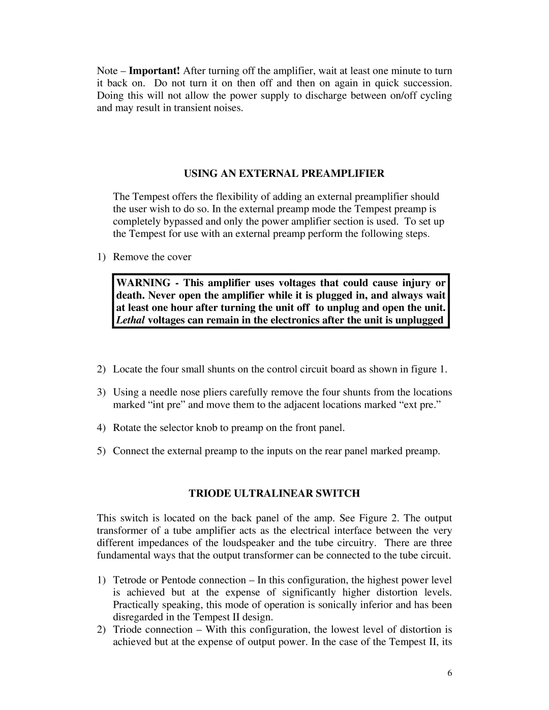 Rogue Audio TEMPEST II owner manual Using AN External Preamplifier, Triode Ultralinear Switch 