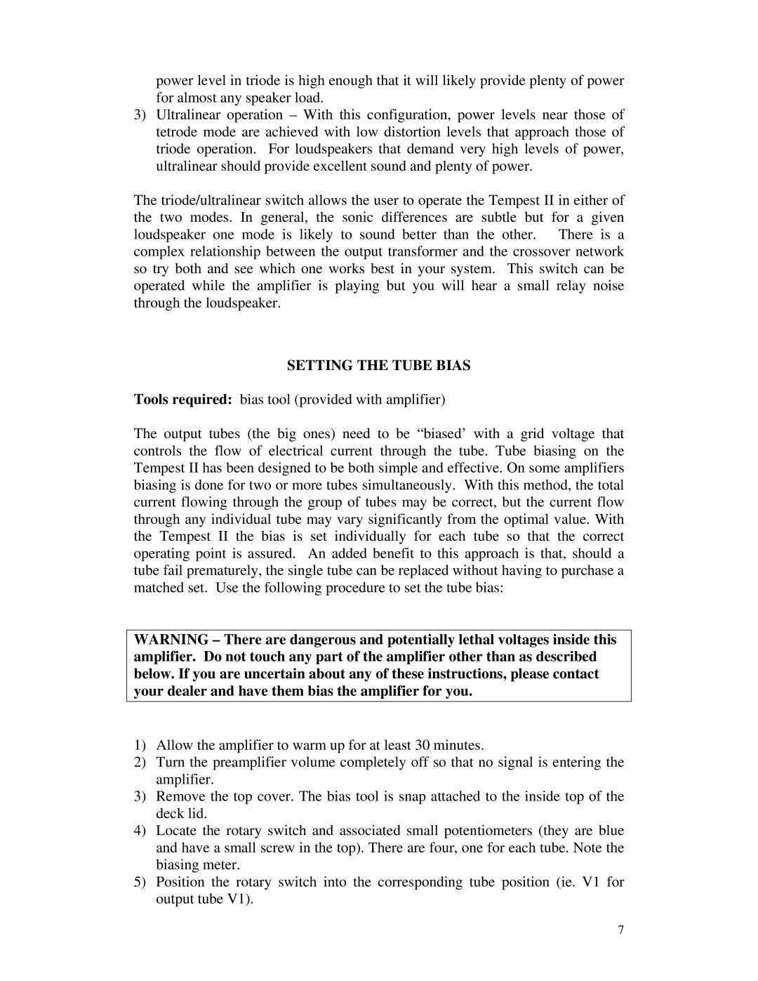 Rogue Audio TEMPEST II owner manual Setting the Tube Bias 