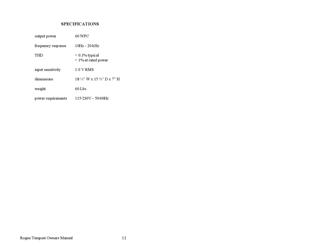 Rogue Audio Tempest Vacuum Tube Integrated Amplifier owner manual Specifications, Thd 