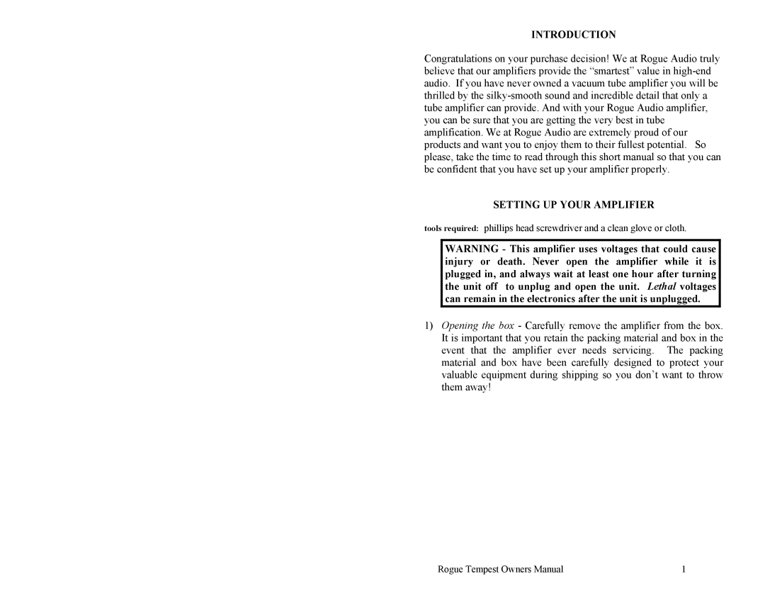 Rogue Audio Tempest Vacuum Tube Integrated Amplifier owner manual Introduction, Setting UP Your Amplifier 