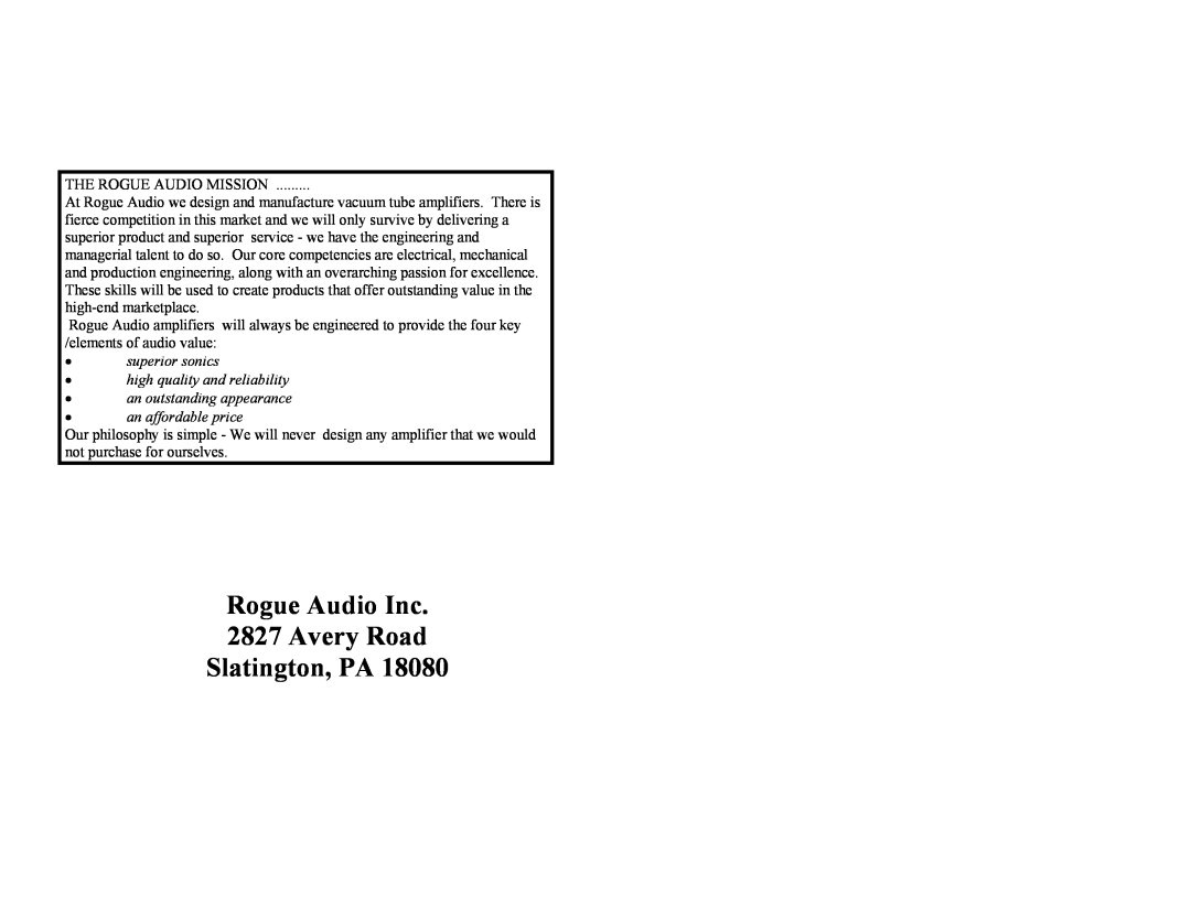 Rogue Audio Tempest Vacuum Tube Integrated Amplifier owner manual Rogue Audio Inc 2827 Avery Road Slatington, PA 