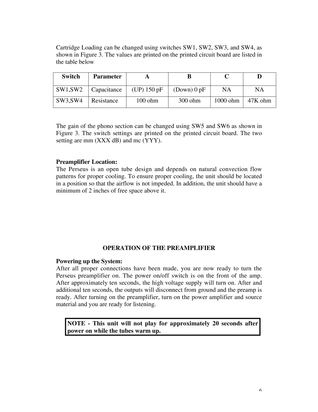 Rogue Audio Vacuum Tube Preamplifier owner manual Switch Parameter, Preamplifier Location, Operation of the Preamplifier 