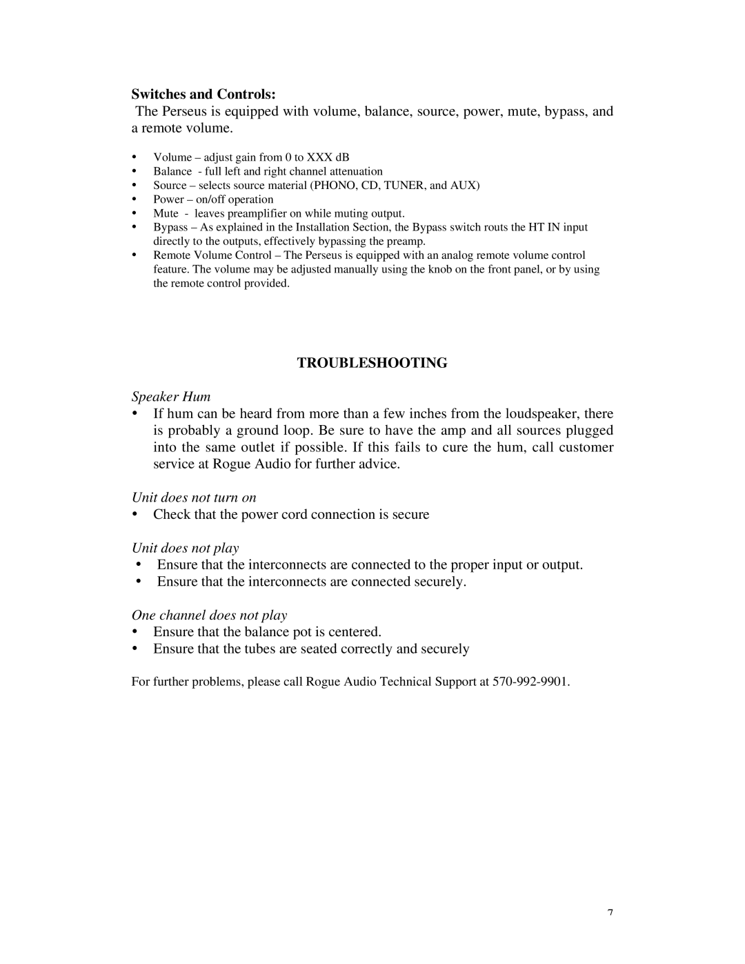 Rogue Audio Vacuum Tube Preamplifier owner manual Switches and Controls, Troubleshooting 