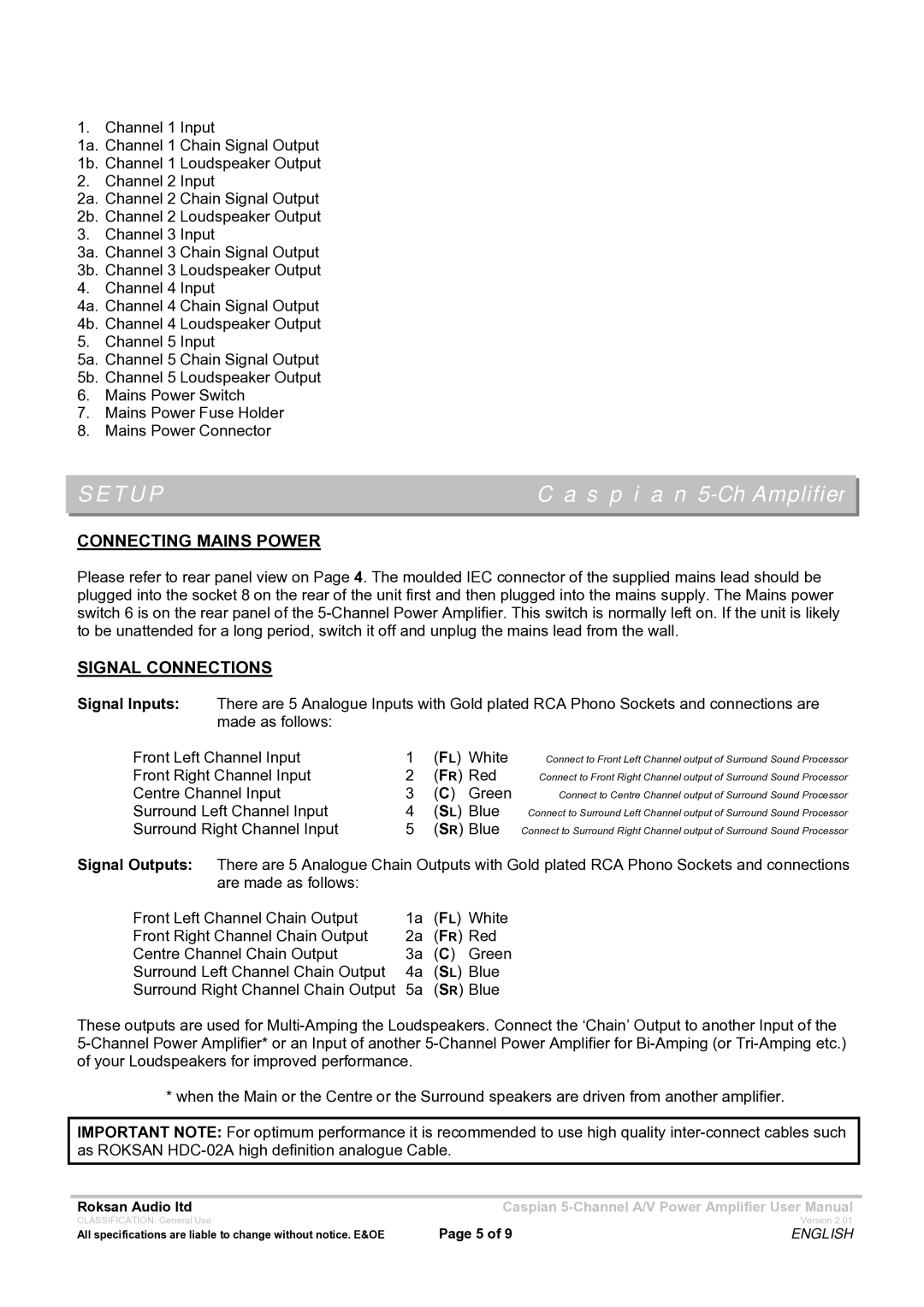 Roksan Audio 5-CH AMPLIFIER user manual Setup, Connecting Mains Power, Signal Connections 