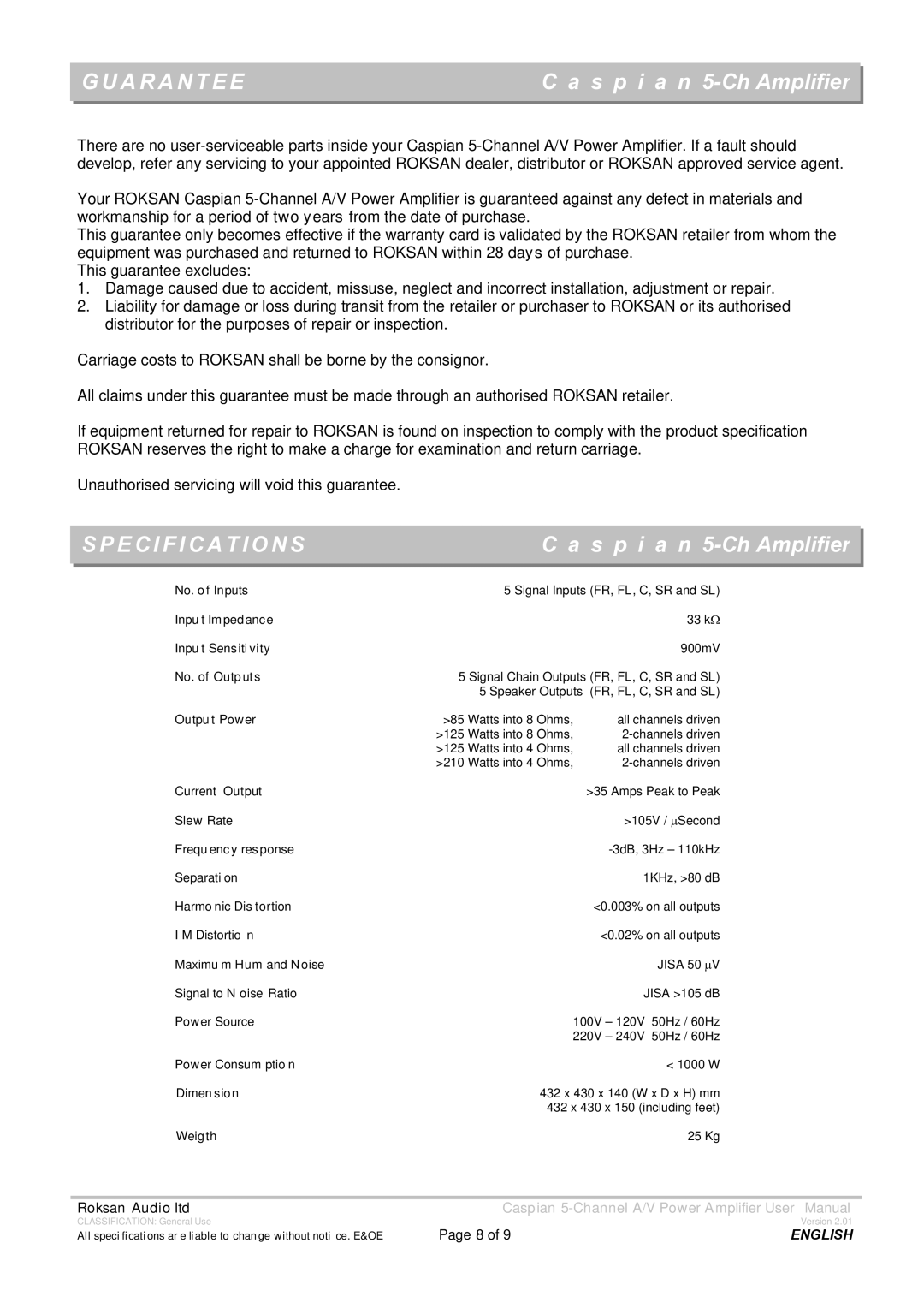 Roksan Audio 5-CH AMPLIFIER user manual Guarantee, Specifications 