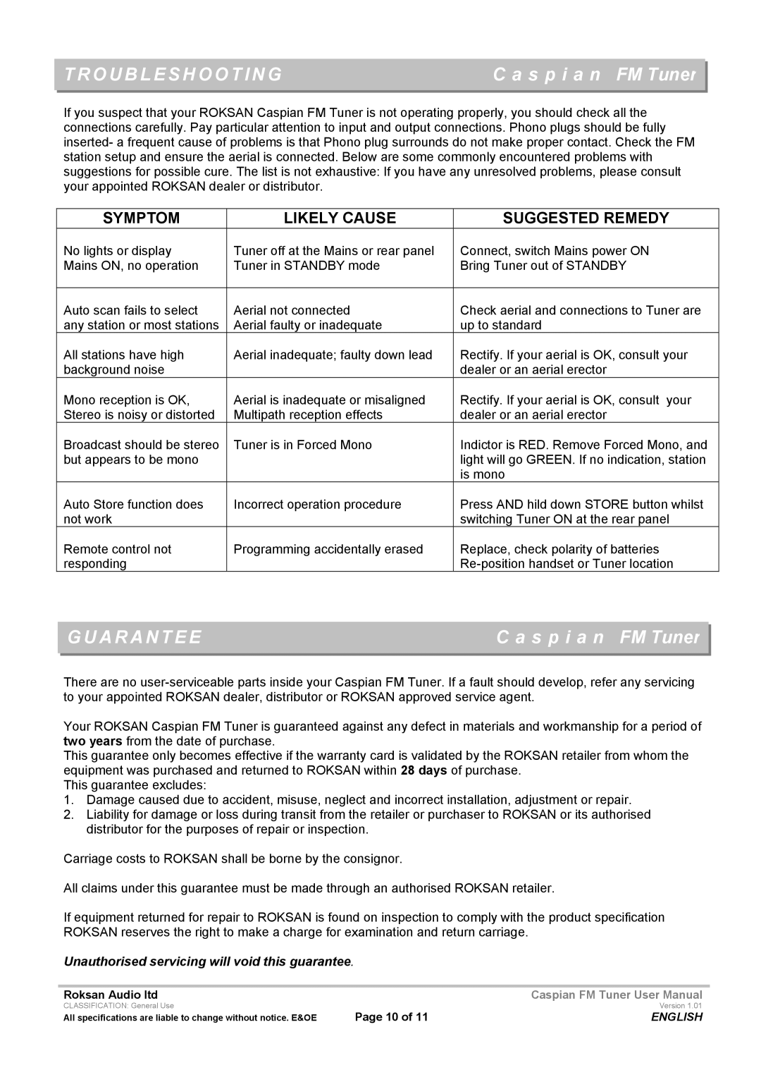 Roksan Audio Caspian FM TUNER user manual Troubleshooting, Guarantee 