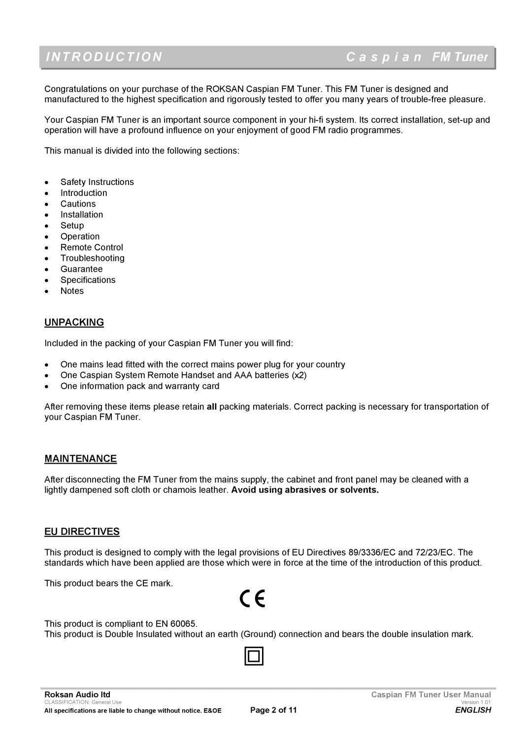 Roksan Audio Caspian FM TUNER user manual Introduction, Unpacking, Maintenance, EU Directives 