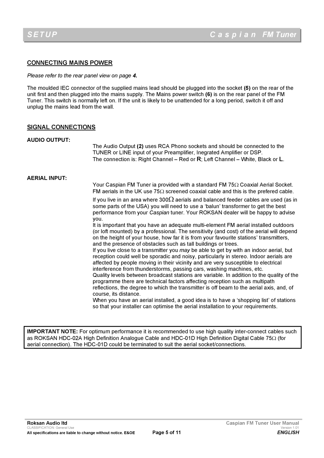 Roksan Audio Caspian FM TUNER user manual Setup, Connecting Mains Power, Signal Connections, Audio Output, Aerial Input 