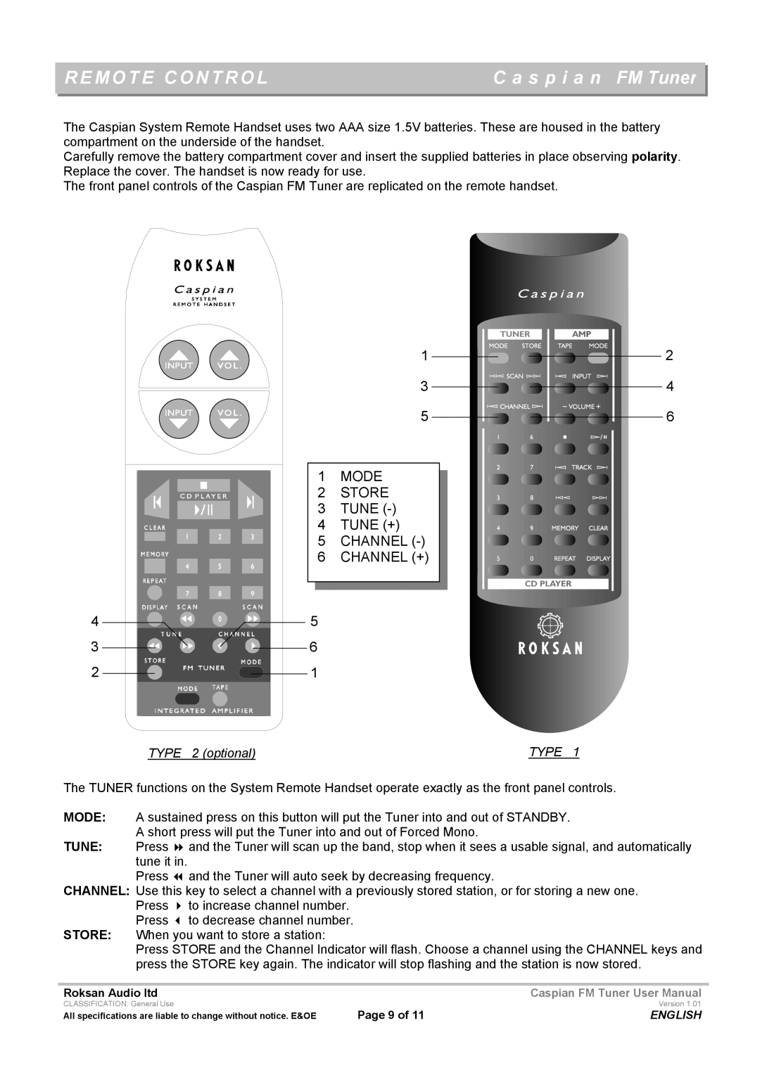 Roksan Audio Caspian FM TUNER user manual Mote Control, Mode, Tune, Store 