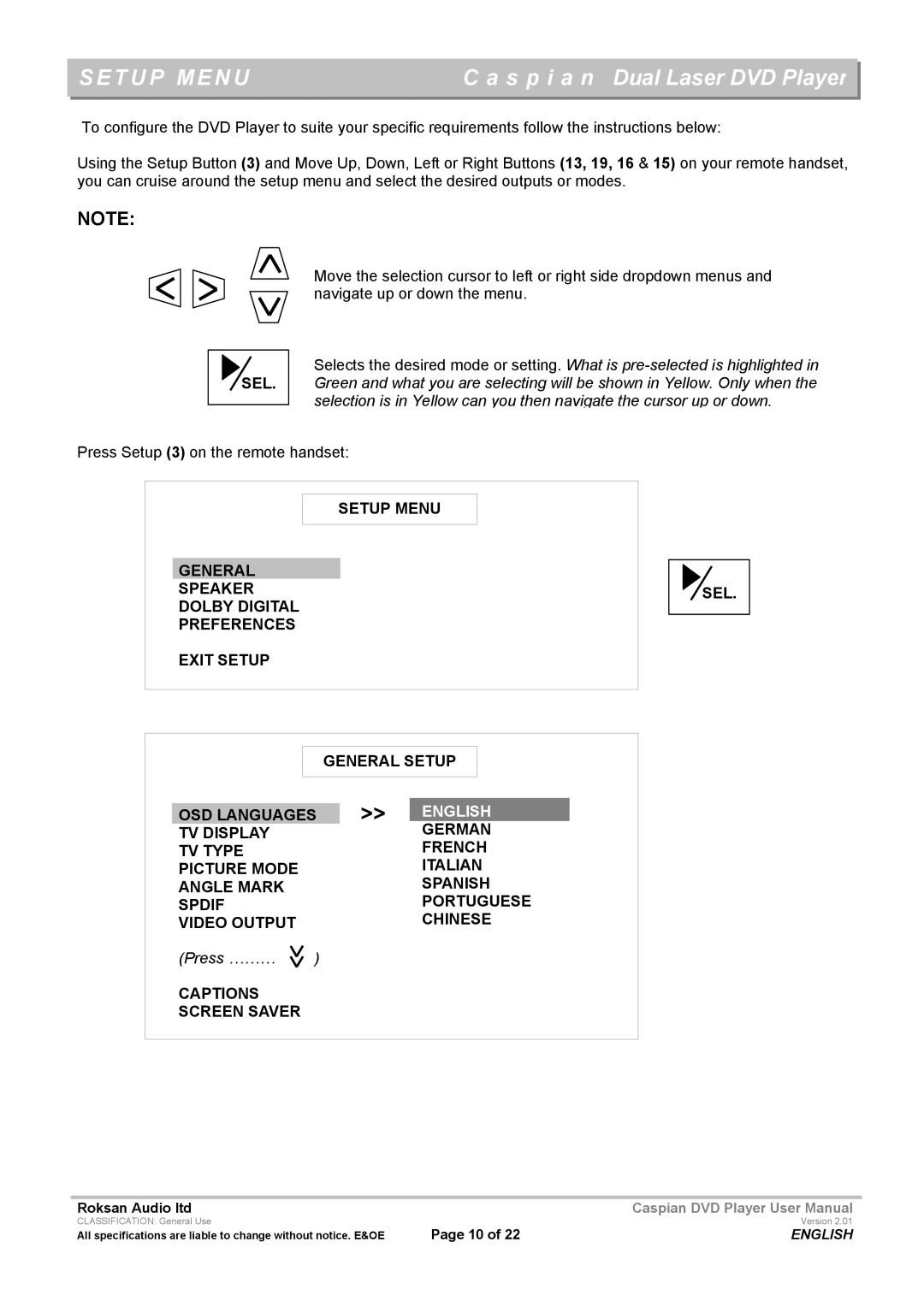 Roksan Audio Caspian user manual Setup Menu, Sel, Captions Screen Saver SEL 