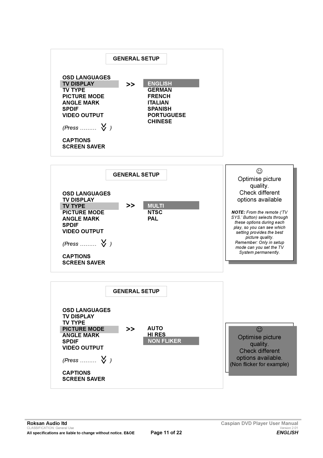 Roksan Audio Caspian user manual General Setup OSD Languages, Picture Mode Ntsc Angle Mark PAL Spdif Video Output 