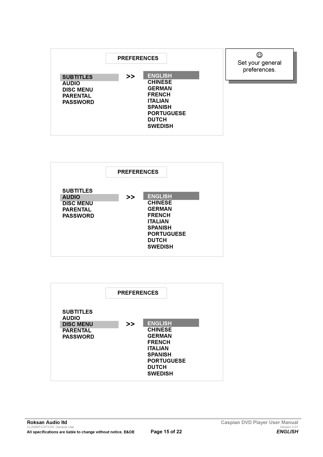 Roksan Audio Caspian user manual Set your general Preferences 