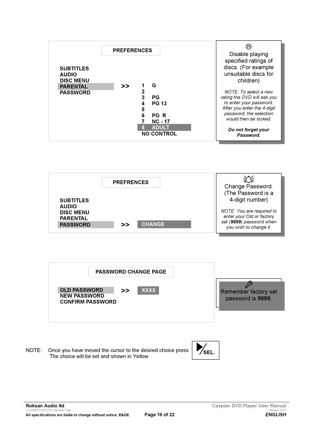 Roksan Audio Caspian user manual No Control, Prefrences Subtitles Audio Disc Menu Parental, Password Change OLD Password 